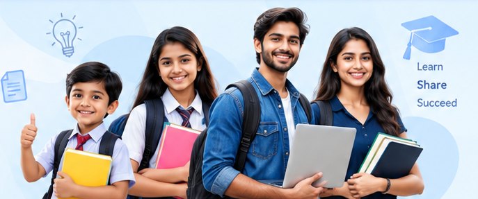 Smiling school, college and postgraduate students holding books and a laptop